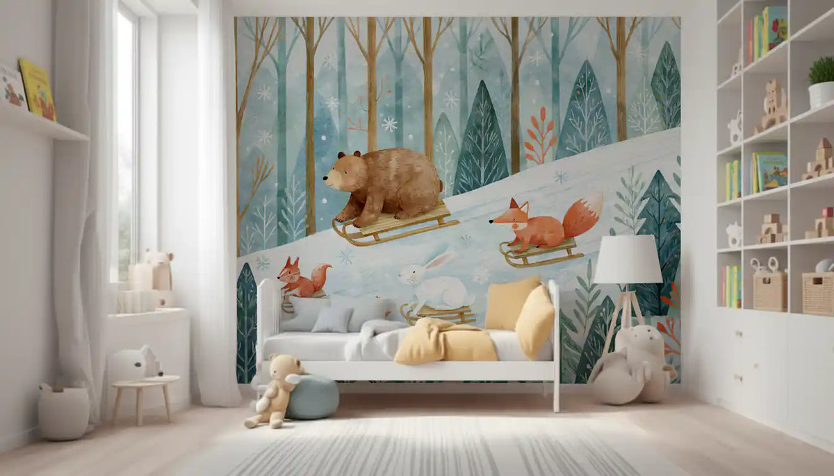 Winter Forest Friends Sledding Adventure Wall Mural