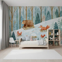Winter Forest Friends Sledding Adventure Wall Mural