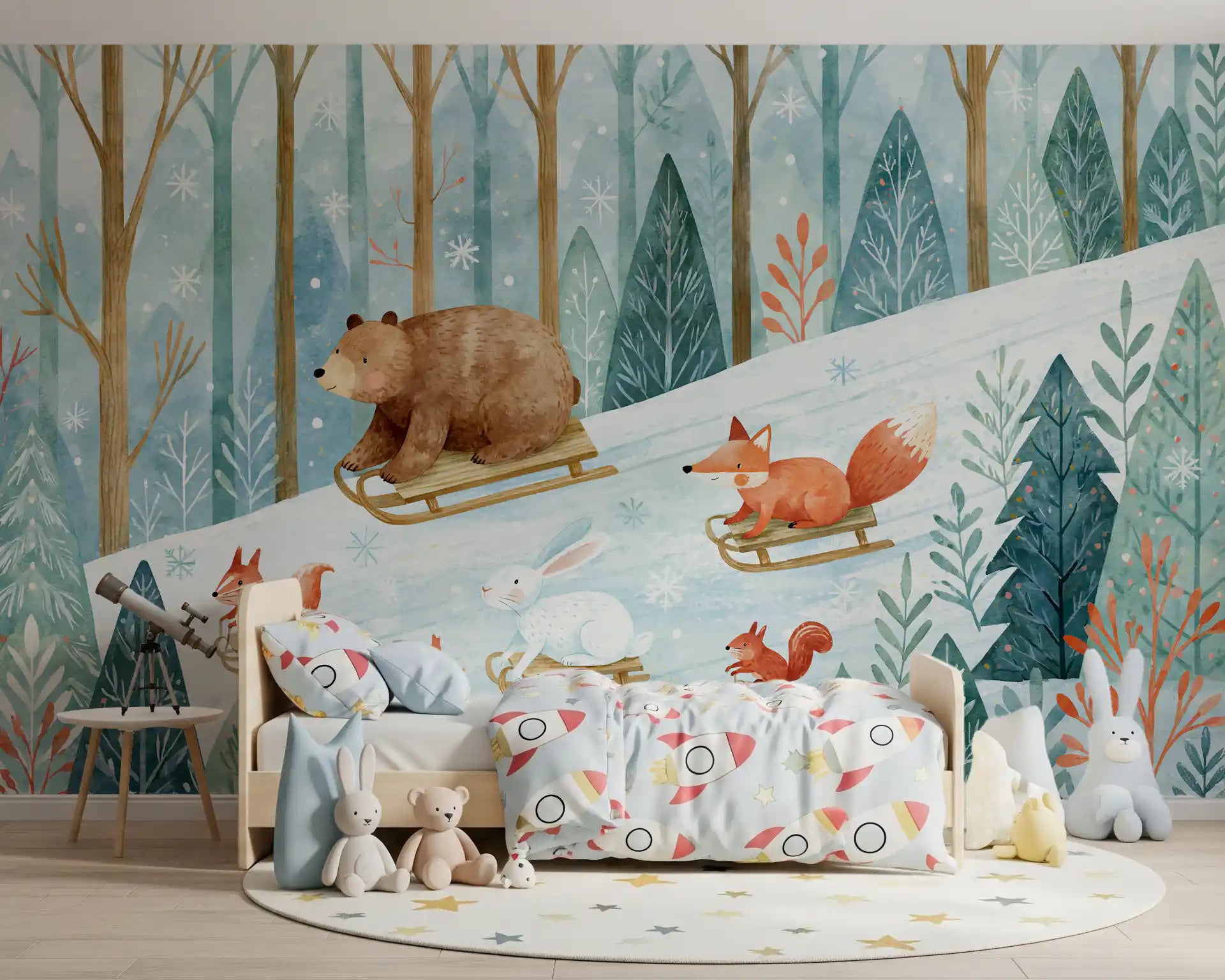 Winter Forest Friends Sledding Adventure Wall Mural