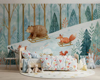 Winter Forest Friends Sledding Adventure Wall Mural