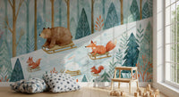 Winter Forest Friends Sledding Adventure Wall Mural
