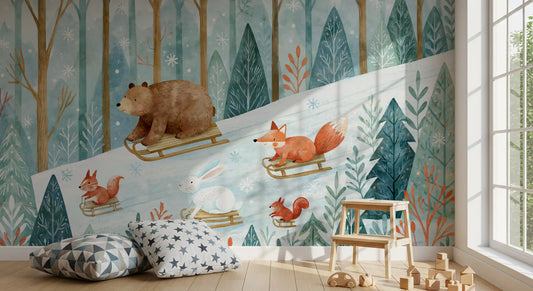 Winter Forest Friends Sledding Adventure Wall Mural