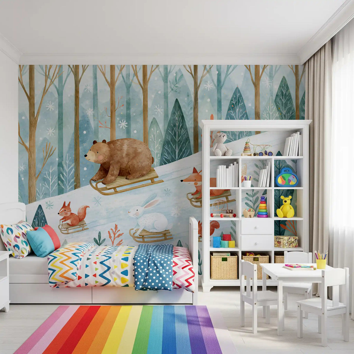 Winter Forest Friends Sledding Adventure Wall Mural
