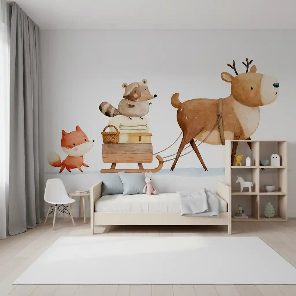 Winter Forest Friends Sleigh Ride Wall Mural