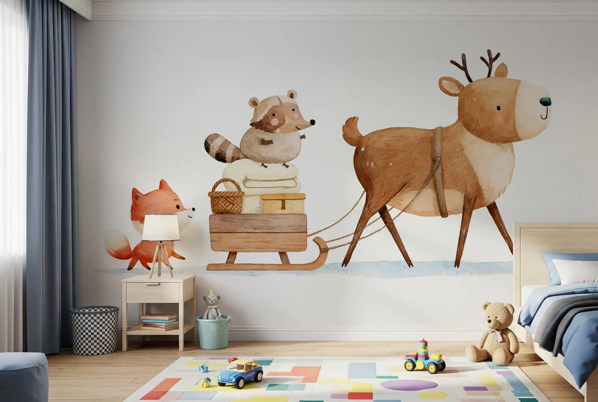 Winter Forest Friends Sleigh Ride Wall Mural