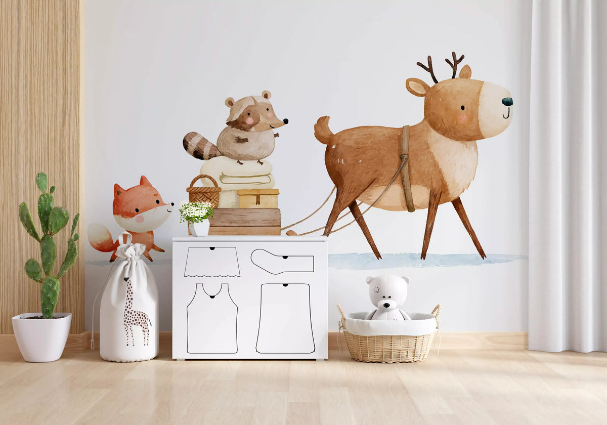 Winter Forest Friends Sleigh Ride Wall Mural