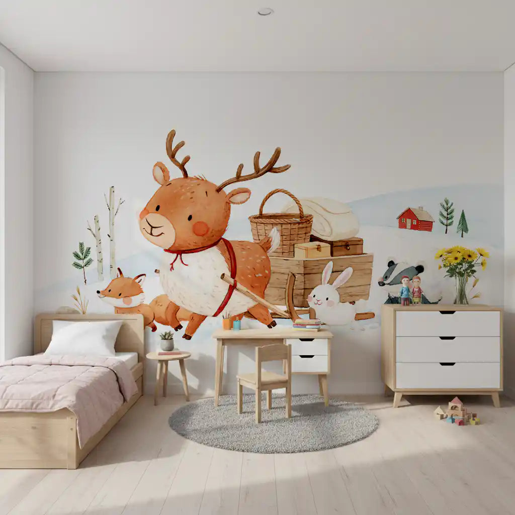 Winter Forest Friends Sleigh Ride Wall Mural