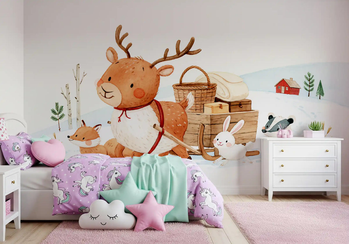 Winter Forest Friends Sleigh Ride Wall Mural