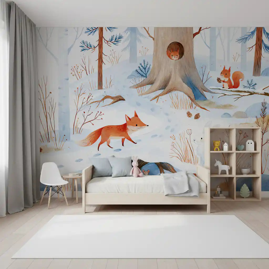 Forest Snow Day In Scandinavian Winter Landscape Wall Mural