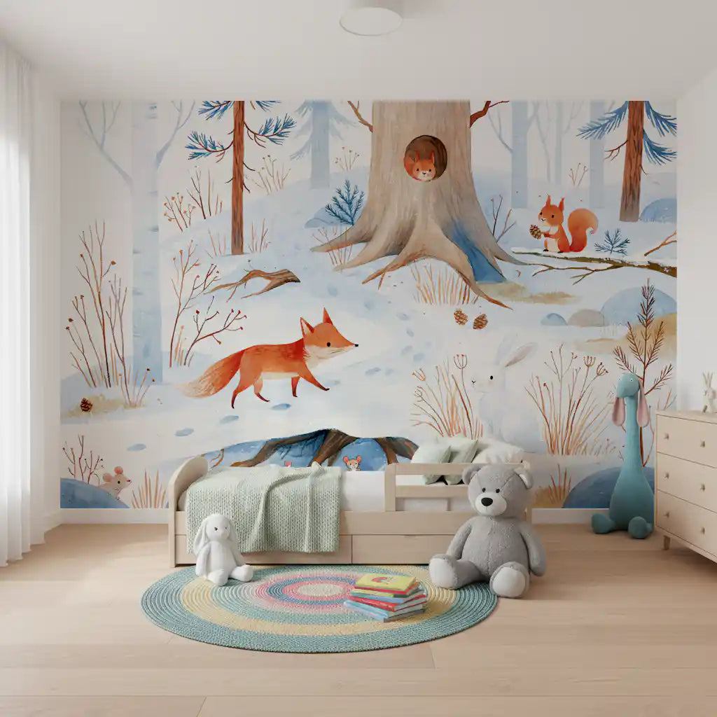 Scandinavian winter forest snow day mural in a child's bedroom, GD13070