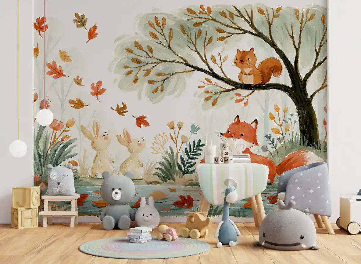 Autumn Woodland Friends Illustration Wall Mural
