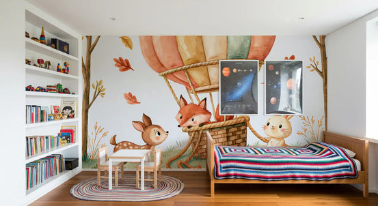Woodland autumn animals and hot air balloon nursery wall mural, GD13110