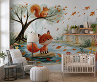 Woodland fox by an autumn stream forest wall mural, GD13113