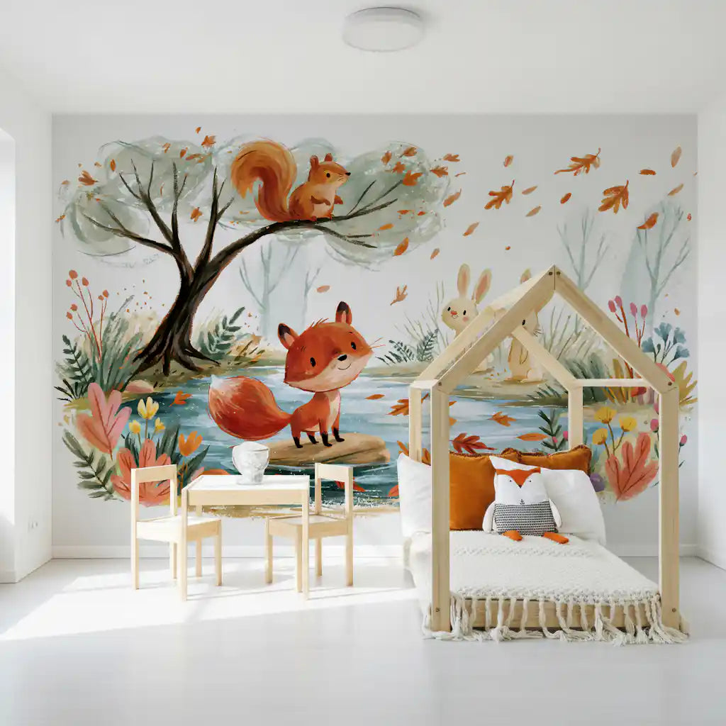 Woodland fox by an autumn stream forest wall mural, GD13113