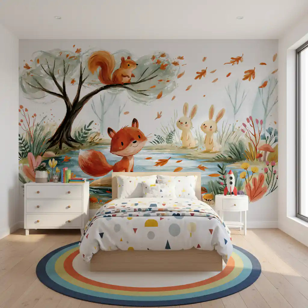 Woodland fox by an autumn stream forest wall mural, GD13113