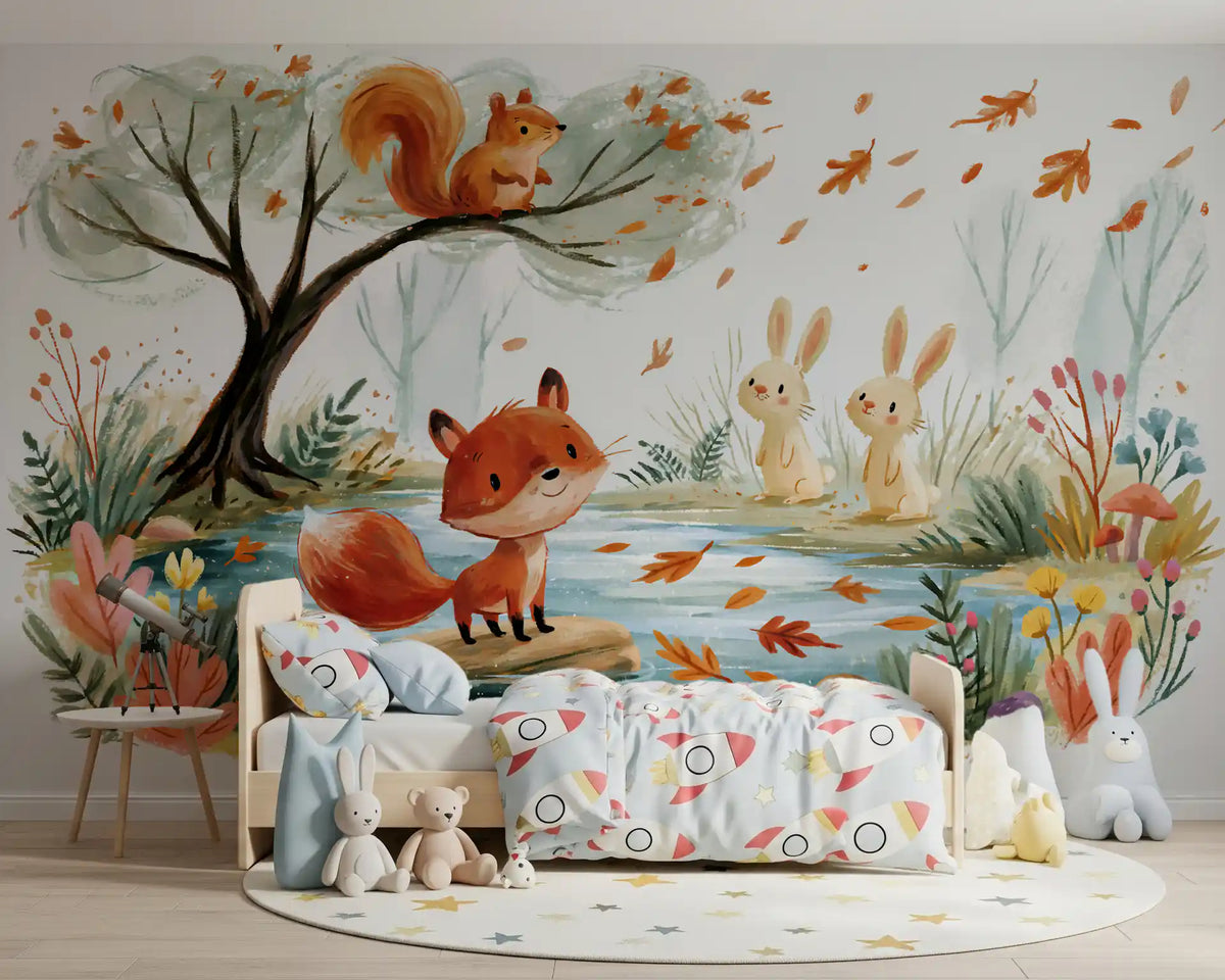 Woodland fox by an autumn stream forest wall mural, GD13113