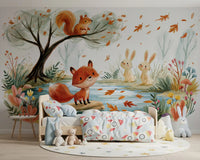 Woodland fox by an autumn stream forest wall mural, GD13113