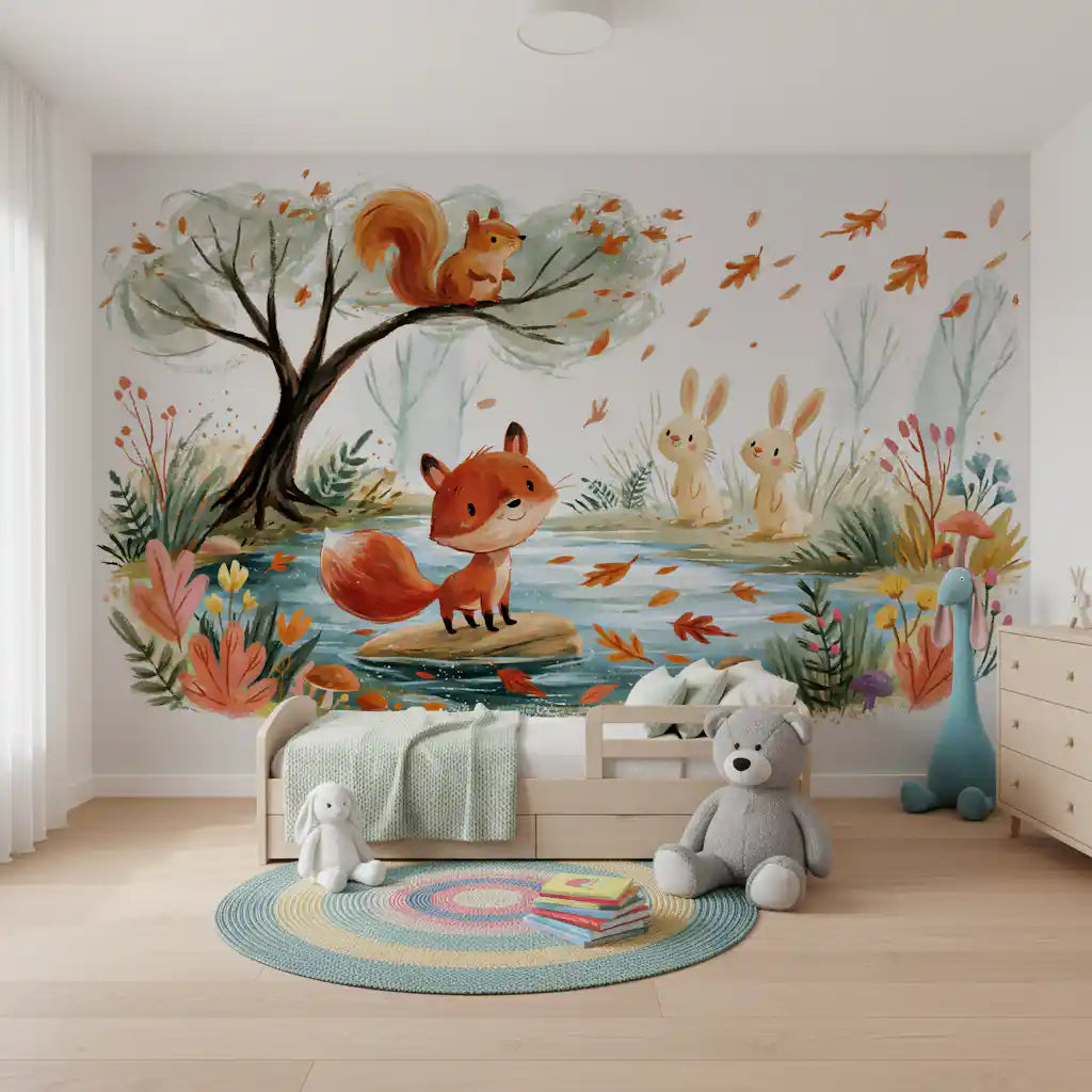 Woodland fox by an autumn stream forest wall mural, GD13113