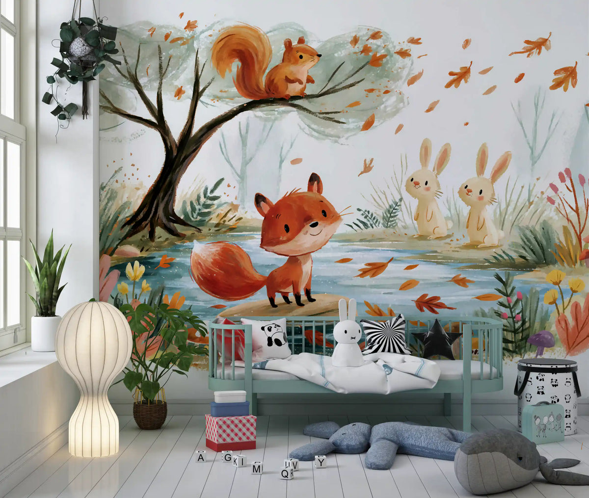 Woodland fox by an autumn stream forest wall mural, GD13113