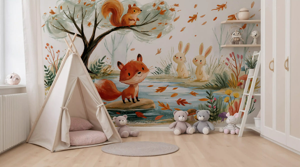 Woodland fox by an autumn stream forest wall mural, GD13113