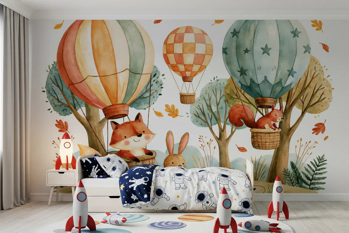 Woodland forest friends and hot air balloons watercolour nursery wall mural with fox, squirrel and rabbit, GD13114