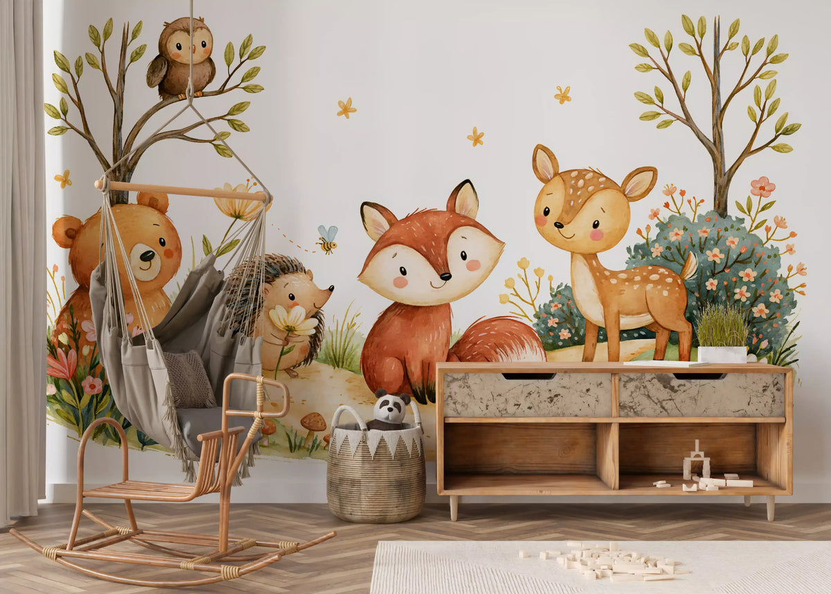 Whimsical Autumnal Forest Friends Watercolor Scene Wall Mural