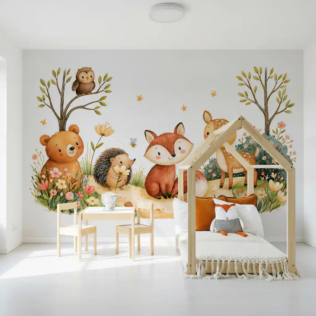 Whimsical autumnal forest friends watercolour nursery wall mural with fox, deer, owl and hedgehog, GD13117