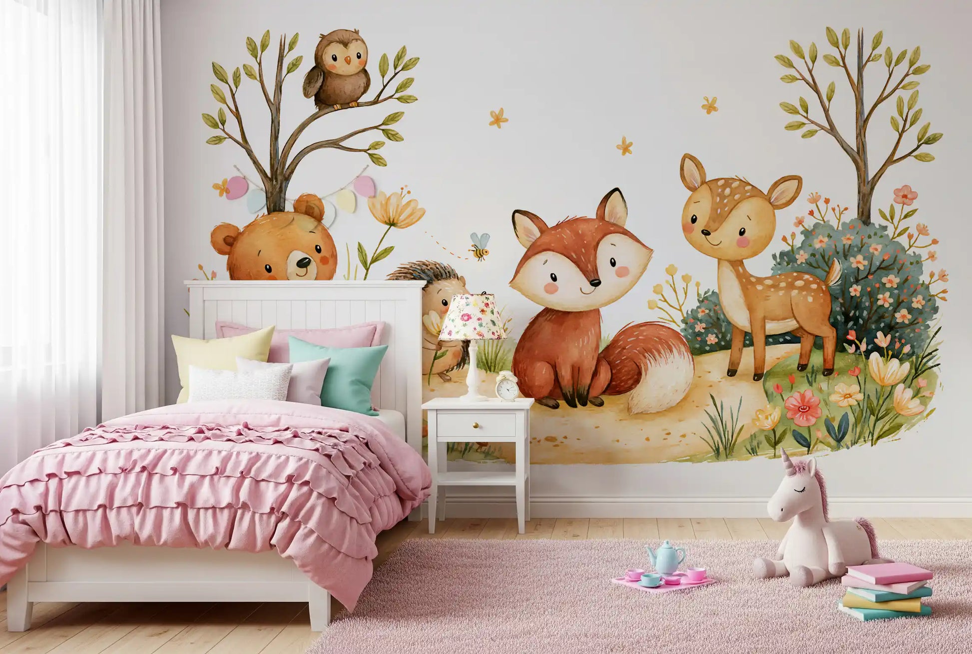 Whimsical Autumnal Forest Friends Watercolor Scene Wall Mural