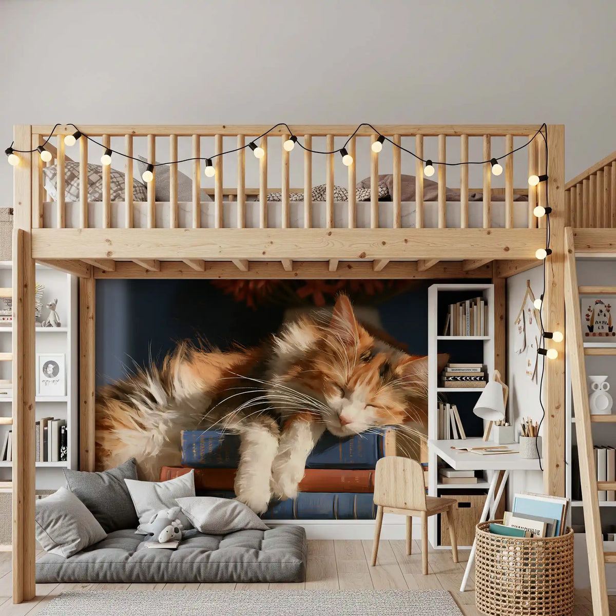 Calico Cat Sleeping on Stack of Old Books Wall Mural