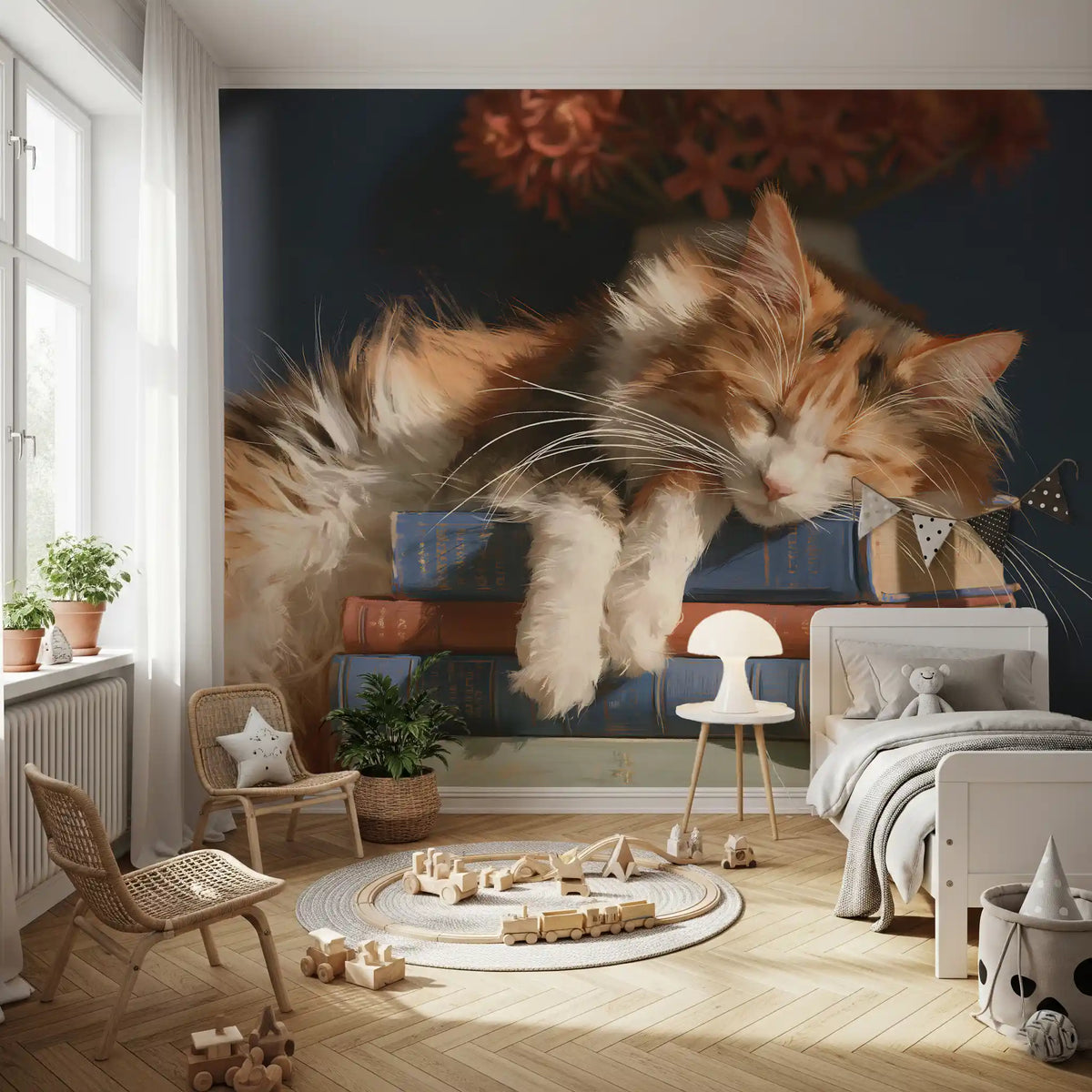 Calico Cat Sleeping on Stack of Old Books Wall Mural