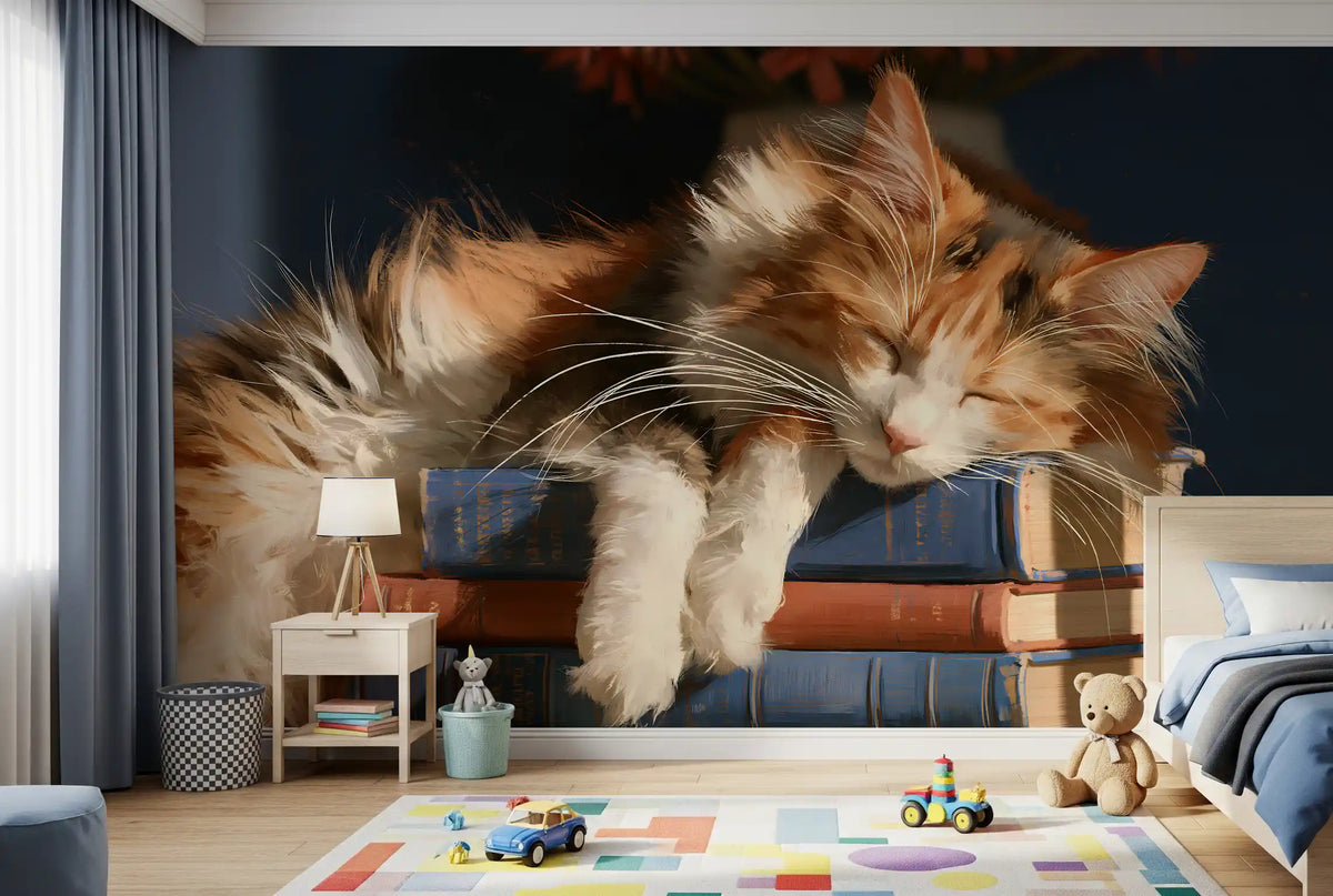 Calico cat sleeping on a stack of old books artistic wall mural, GD13118
