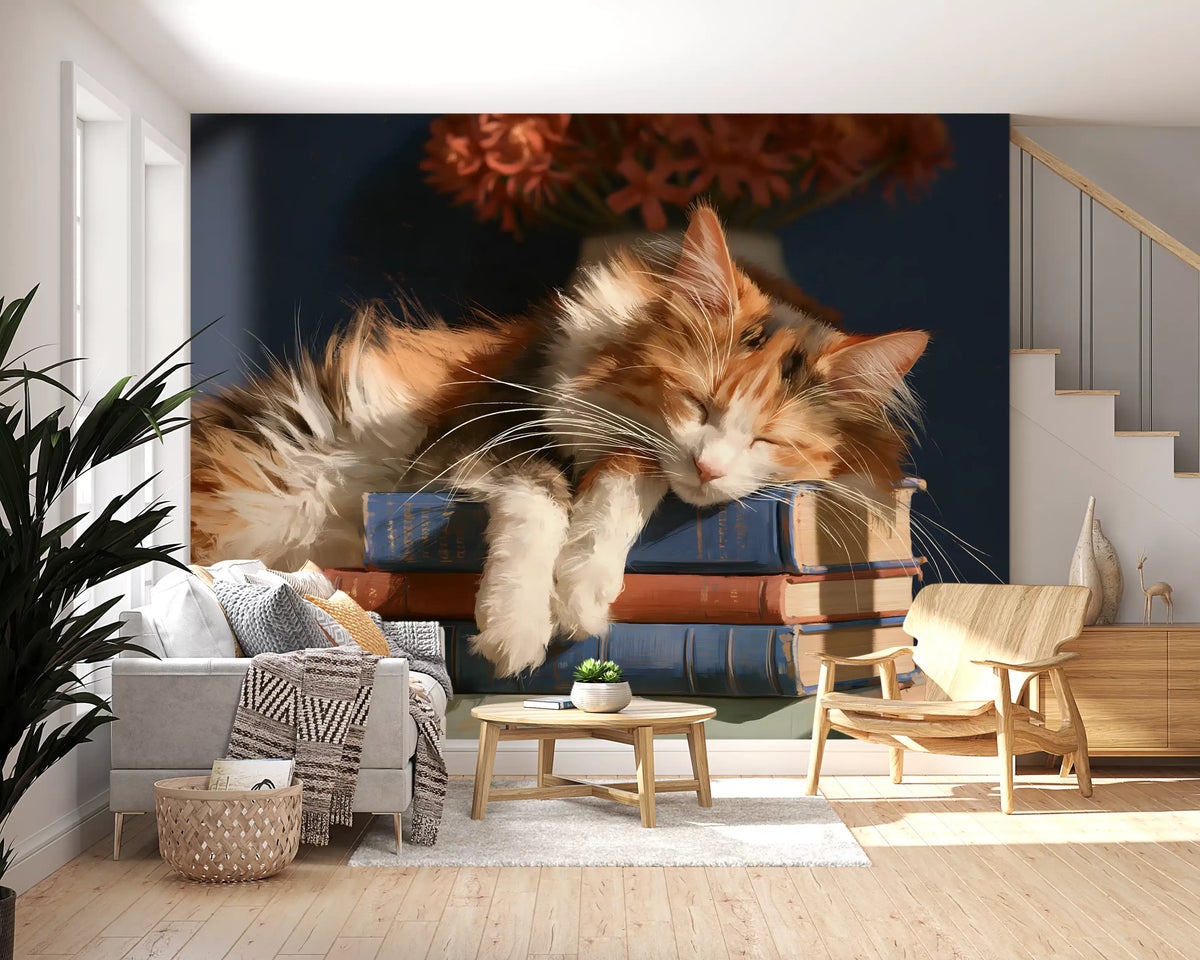 Calico Cat Sleeping on Stack of Old Books Wall Mural
