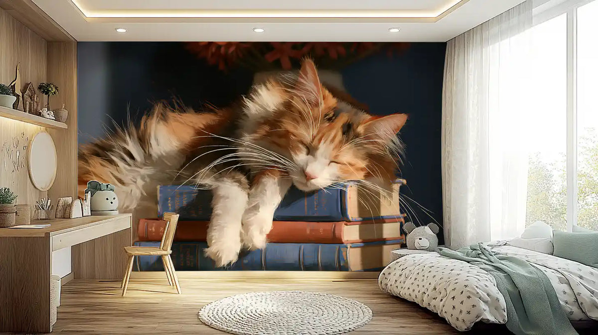 Calico Cat Sleeping on Stack of Old Books Wall Mural