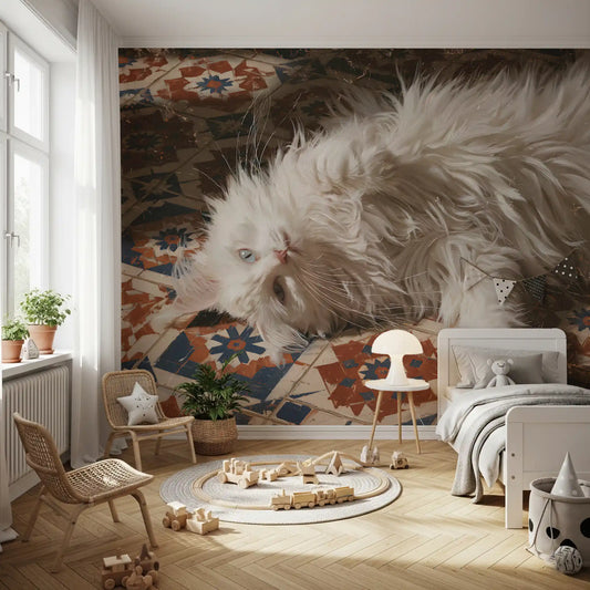 White Persian Cat on Mediterranean Tiles Wall Mural