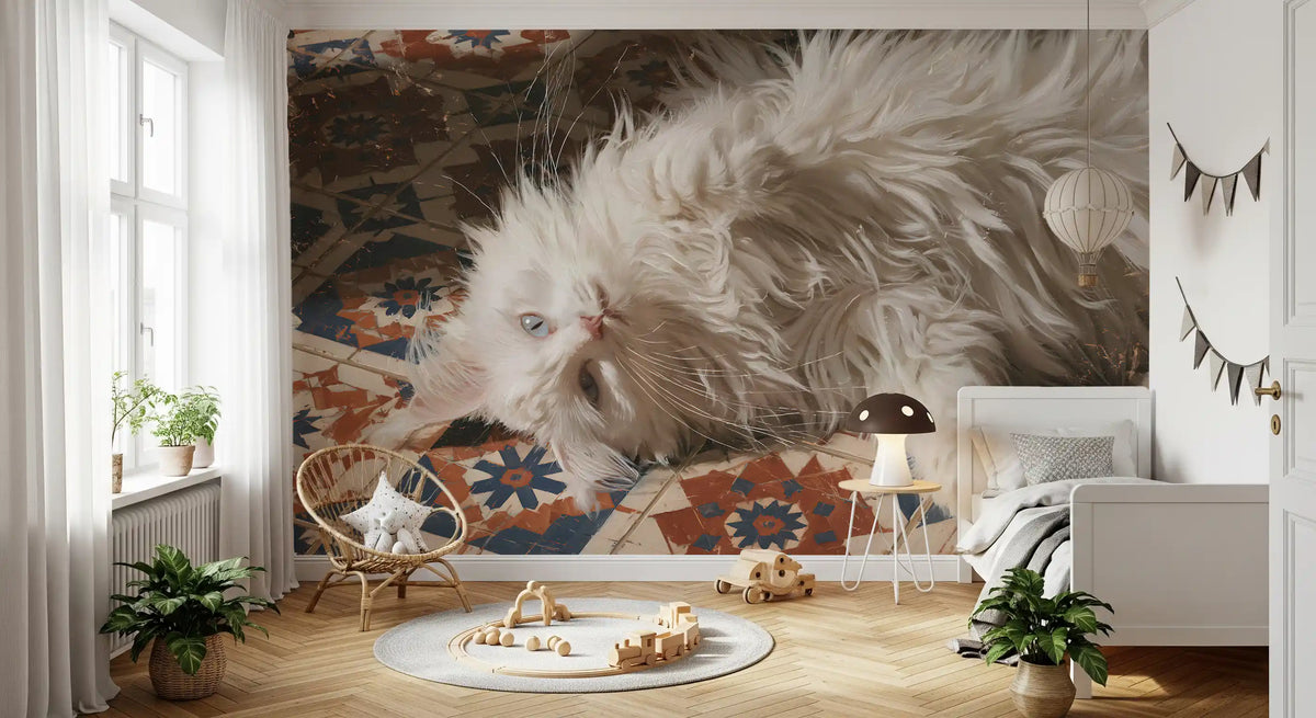 White Persian cat resting on terracotta and blue Mediterranean tiles wall mural, GD13119