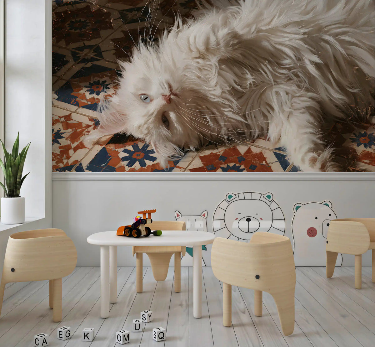 White Persian cat resting on terracotta and blue Mediterranean tiles wall mural, GD13119