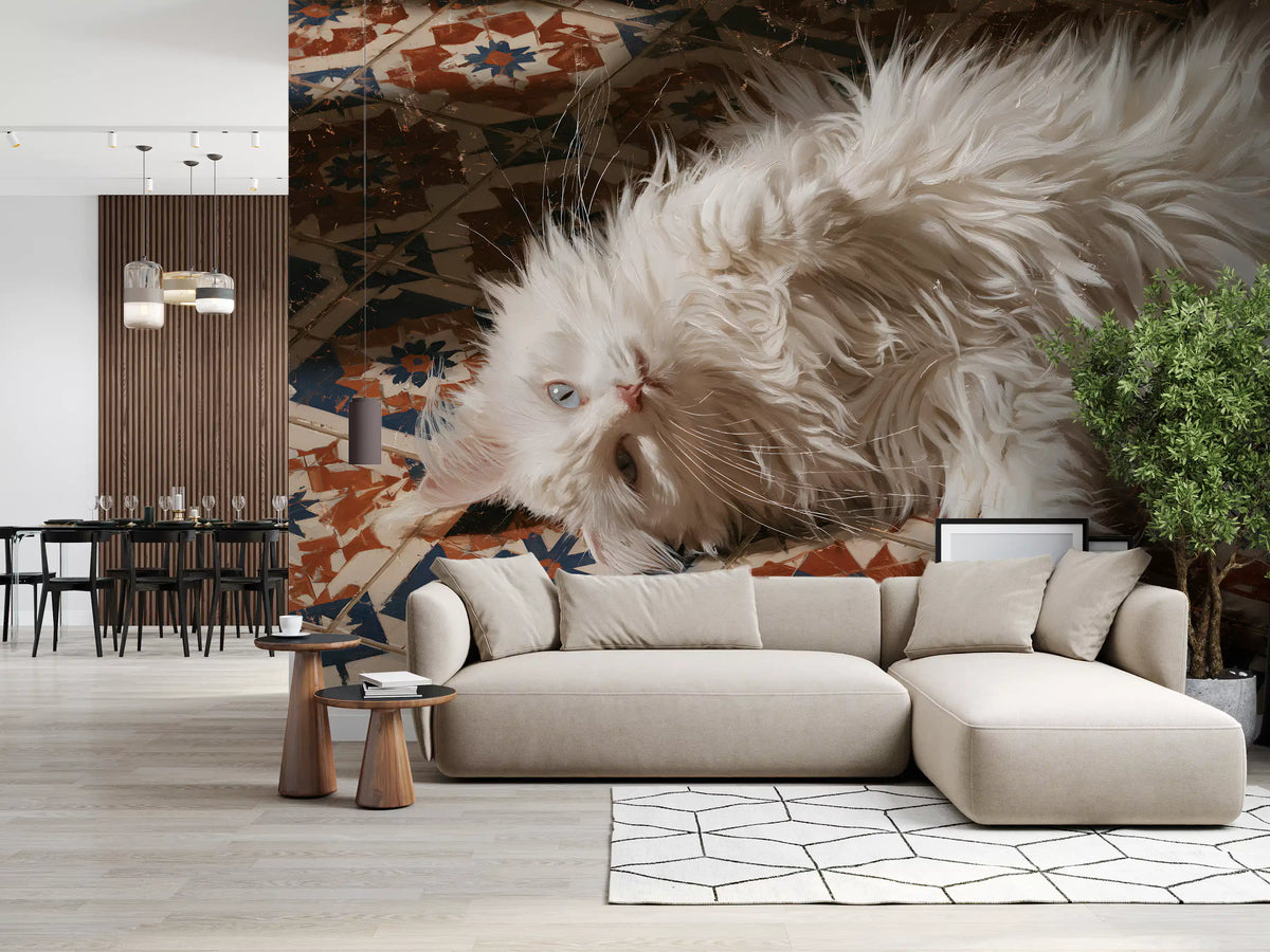 White Persian cat resting on terracotta and blue Mediterranean tiles wall mural, GD13119