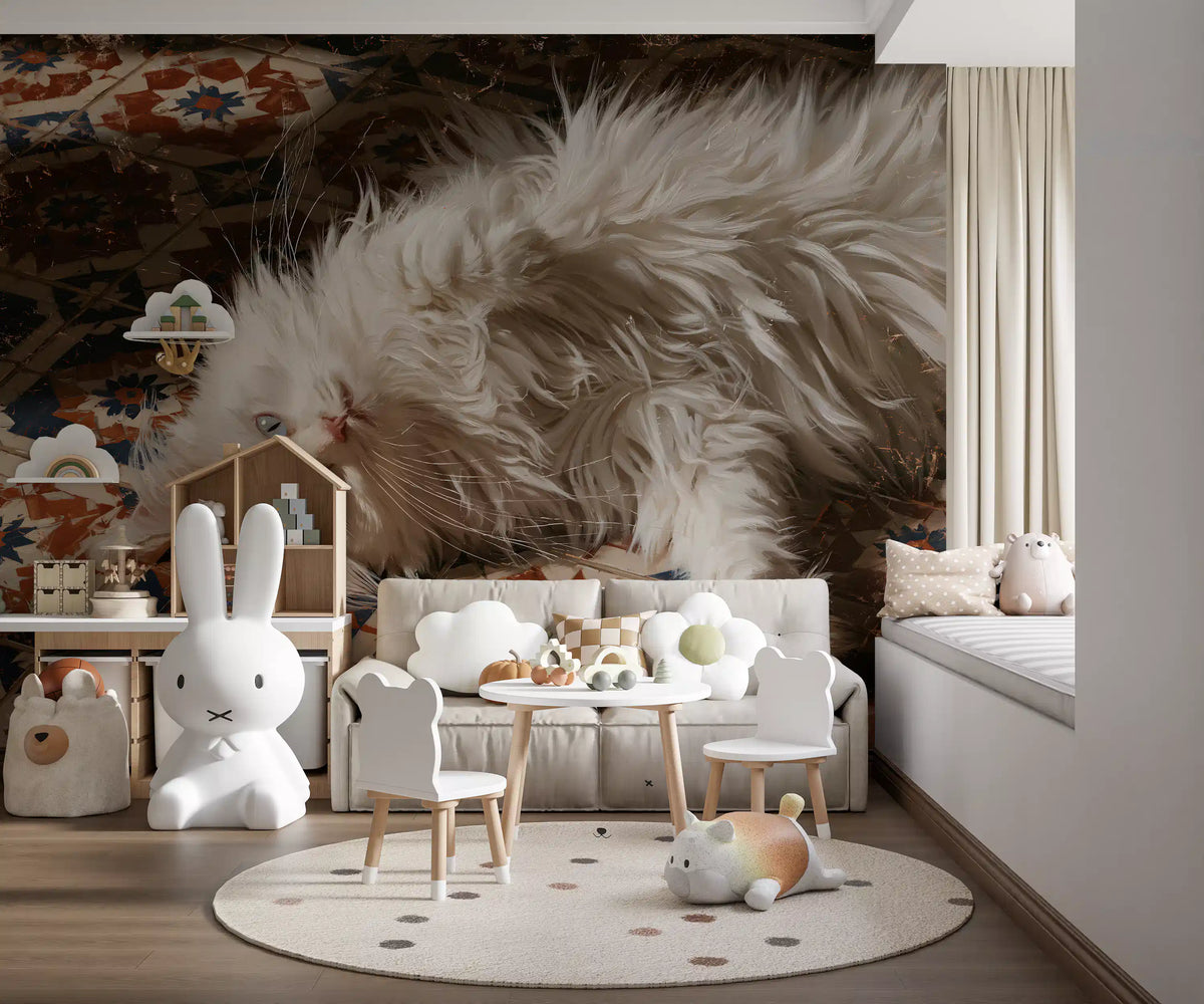 White Persian cat resting on terracotta and blue Mediterranean tiles wall mural, GD13119