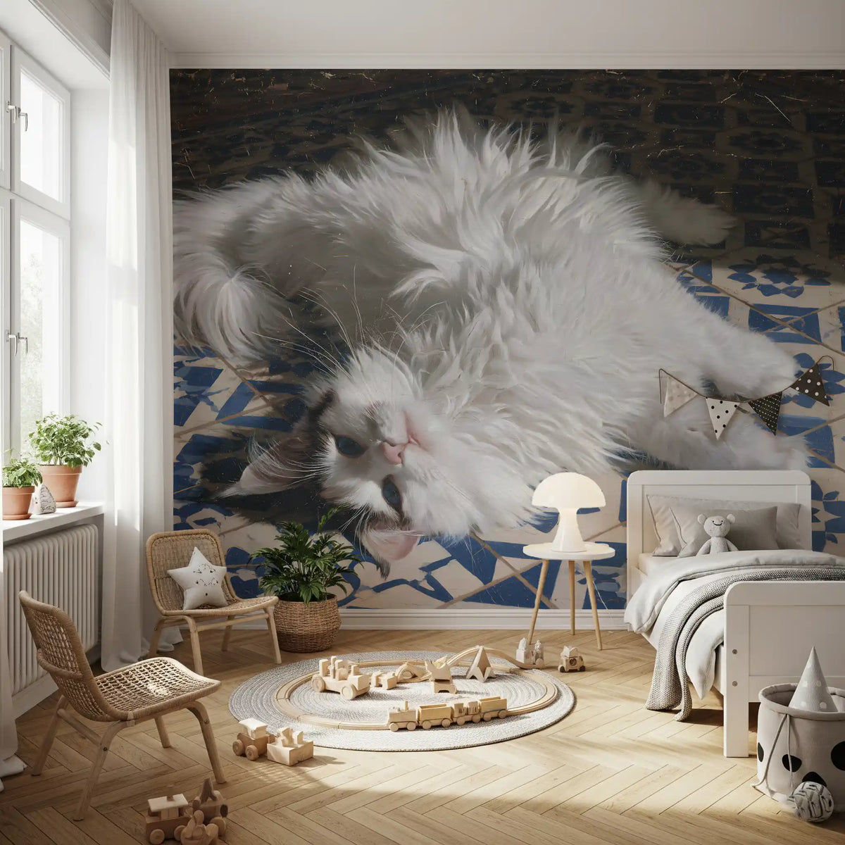Resting Fluffy Cat on Mediterranean Tiles Wall Mural