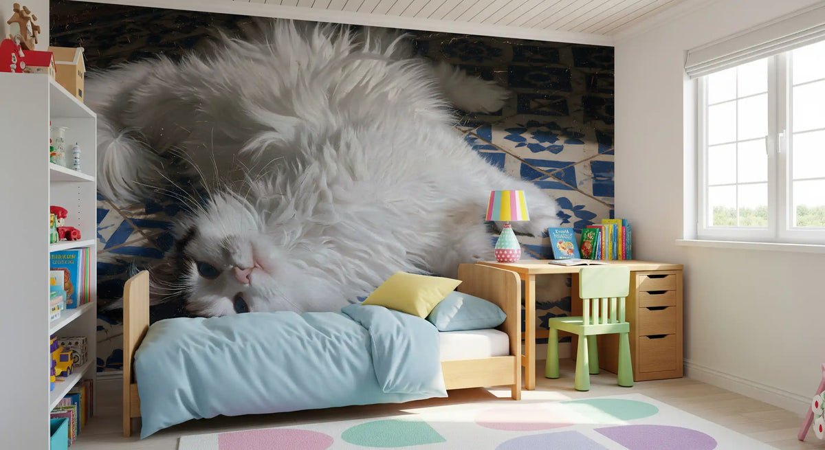 Resting Fluffy Cat on Mediterranean Tiles Wall Mural