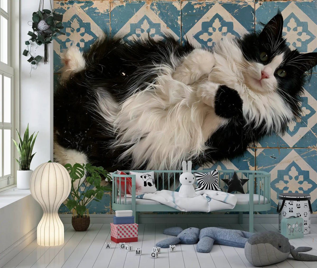 Rustic Blue Tiled Cat Portrait Wall Mural