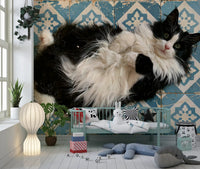 Rustic Blue Tiled Cat Portrait Wall Mural