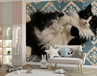 Rustic Blue Tiled Cat Portrait Wall Mural