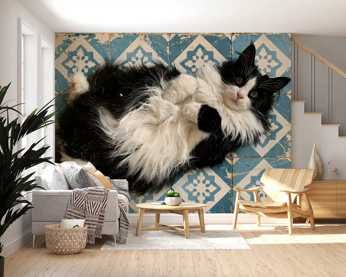 Rustic Blue Tiled Cat Portrait Wall Mural