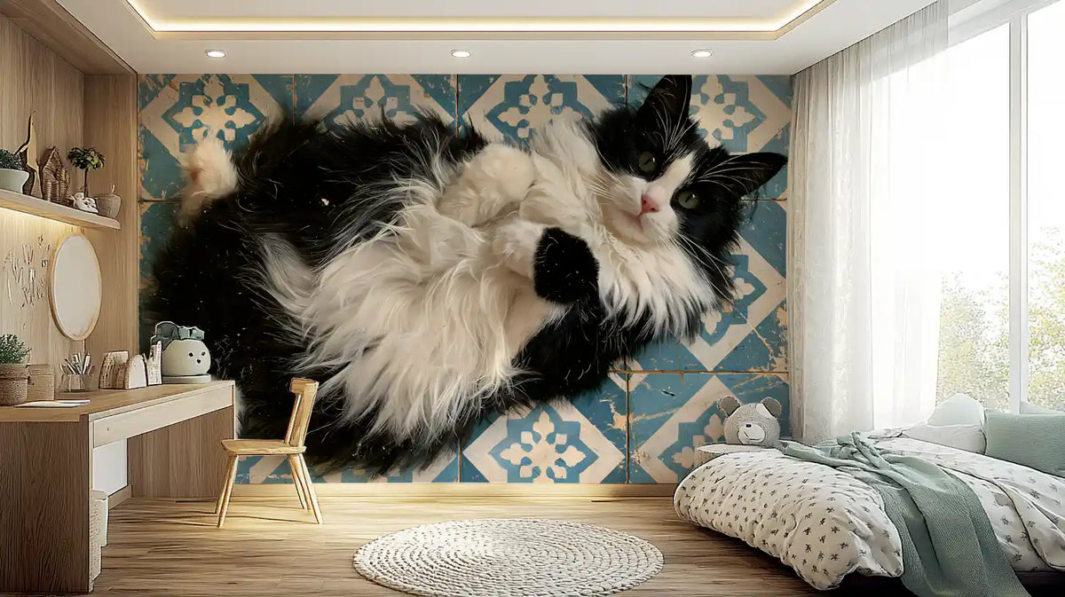 Rustic Blue Tiled Cat Portrait Wall Mural