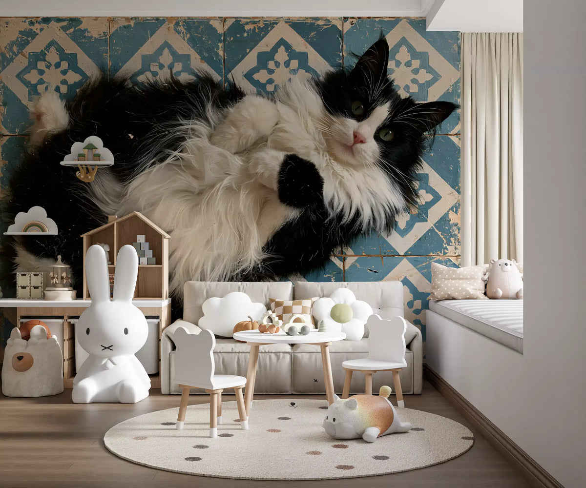 Rustic Blue Tiled Cat Portrait Wall Mural
