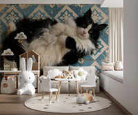 Rustic Blue Tiled Cat Portrait Wall Mural