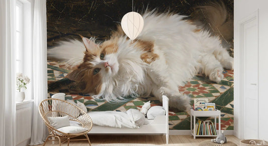 Resting ginger and white longhair cat on earthy mosaic tiles wall mural, GD13122