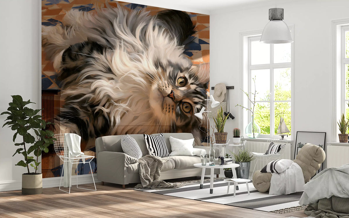 Fluffy tabby cat resting on terracotta and blue Mediterranean tiles wall mural, GD13123