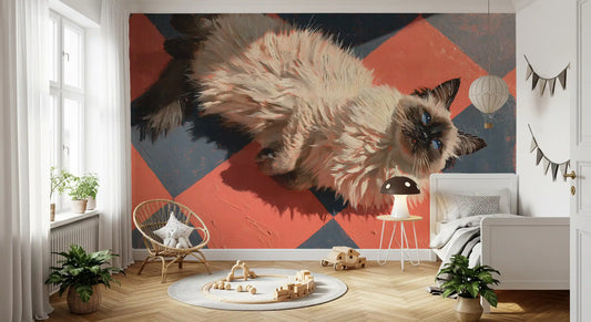 Sunlit Ragdoll cat resting on coral red and slate grey checkered tile, painterly art wallpaper mural, GD13124